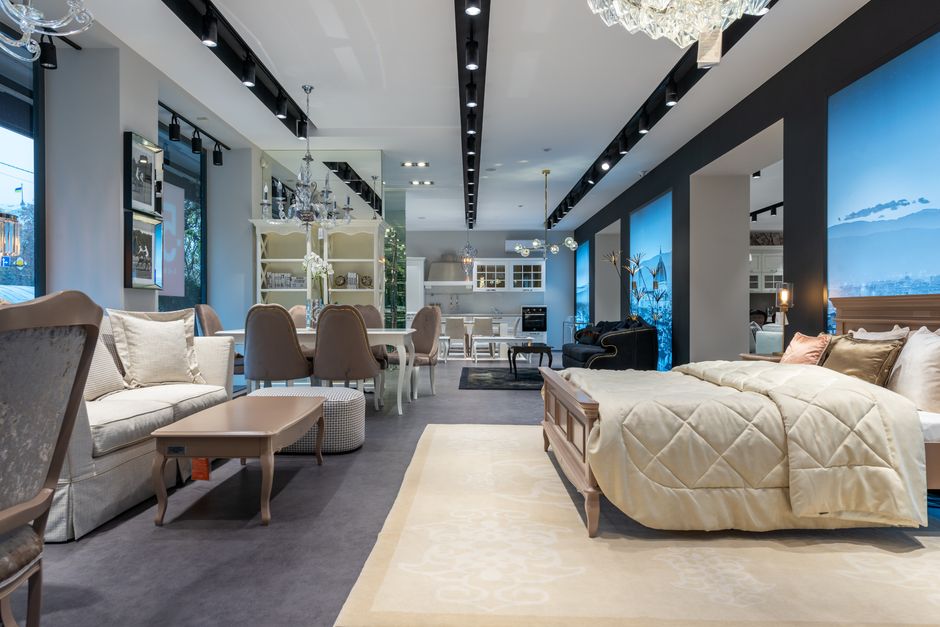 Luxurious custom sofa in an elegant showroom setting